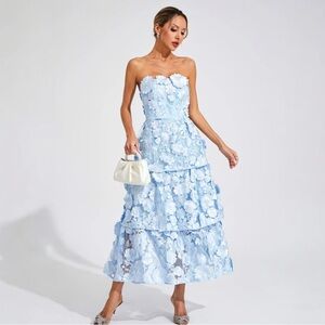 NWT Catchall Morris Blue Floral Appliqué Strapless Midi Dress Formal Wedding
